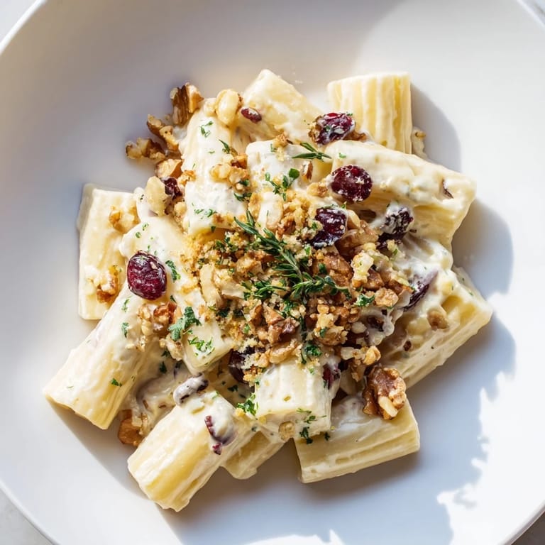 This Cranberry and Brie Tartlet Pasta features a rich, cheesy sauce with visible cranberries and a crunchy crumb topping.