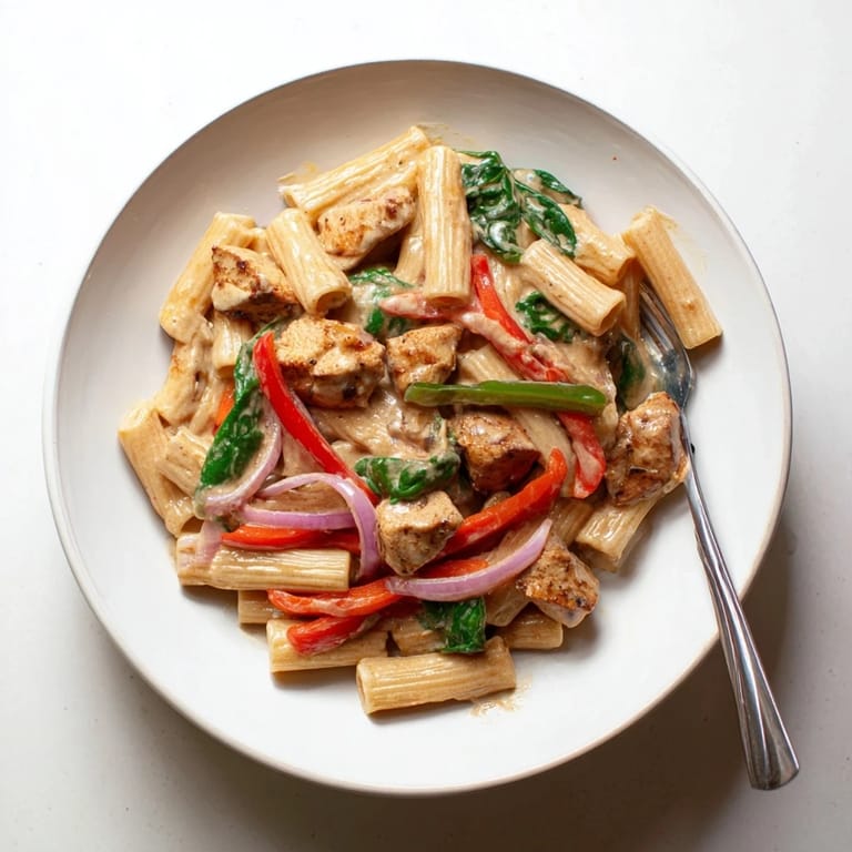 The rich, creamy sauce coats the whole-wheat pasta in this Creamy Cajun Dirty Snow Chicken Pasta dish.