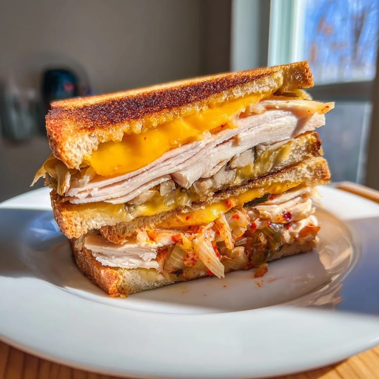 Enjoy a close-up of a perfectly toasted Kimchi Turkey & Cheddar Grilled Cheese, ready to eat warm.