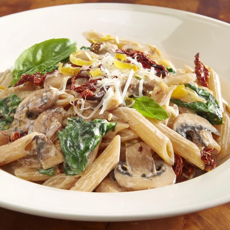 Golden mushrooms and tangy sun-dried tomatoes star in this flavorful creamy skillet penne recipe.