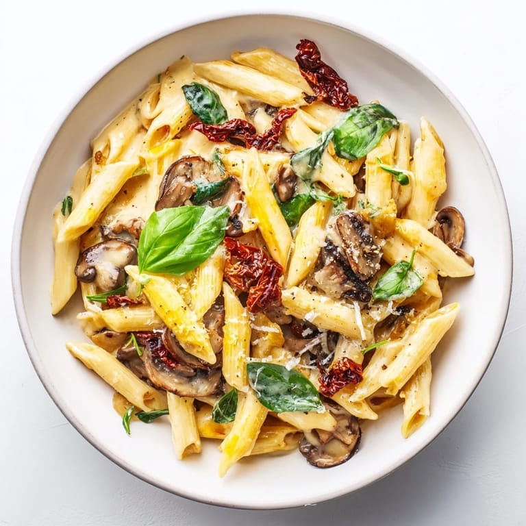 Imagine rich, creamy sun-dried tomato mushroom penne, perfectly sauced and topped with fresh Parmesan cheese.