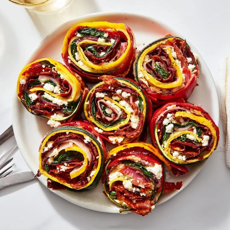 Close-up of a Roasted Veggie & Feta Santa Spiral Wrap, showcasing vibrant, Mediterranean fillings.