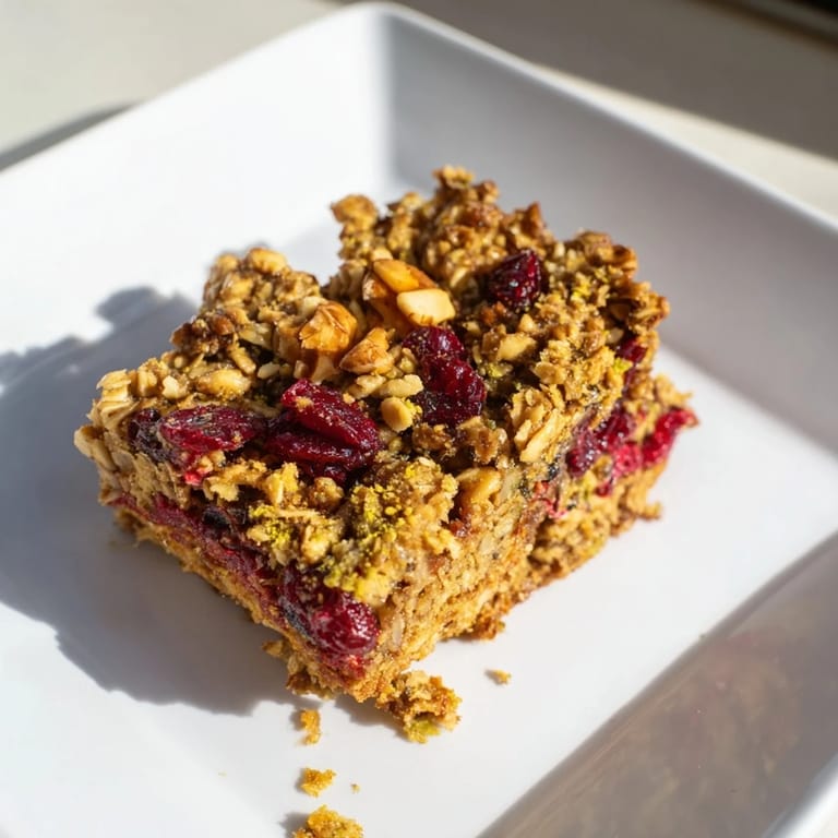 These homemade Matcha Cranberry Oat Crumble Bars show a close-up of the delicious oat topping and vibrant cranberries.