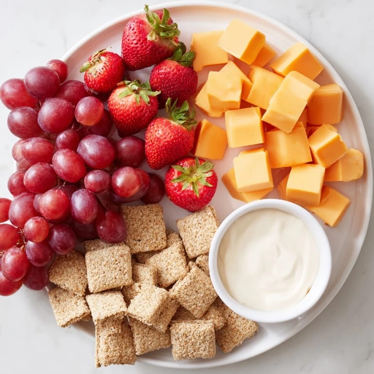 Enjoy a delightful Fox & Friends Snack Tray featuring various fruits and dips for a family snack.