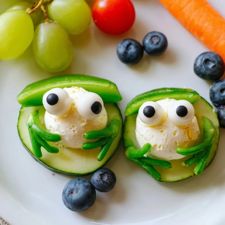 Kid-friendly Frog Pond Snack Tray with mozzarella frogs, cucumber lily pads, and fresh grapes.