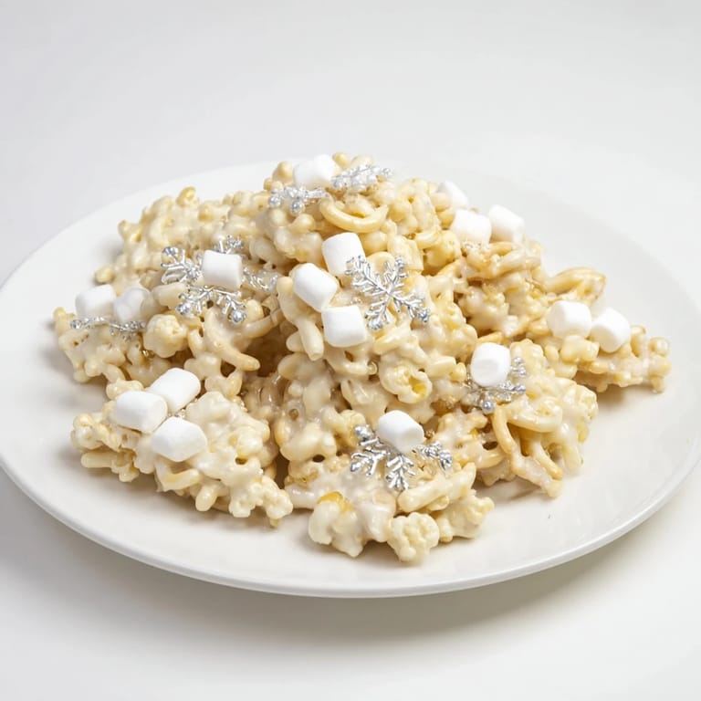 Homemade Ski Season Snowflake Snack Mix, coated in white chocolate, and sprinkled with wintery shapes.