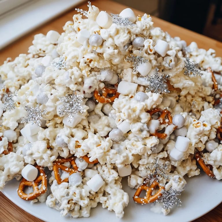 Close-up of a delightful bowl of Ski Season Snowflake Snack Mix: crisp pretzels, popcorn, and sprinkles.