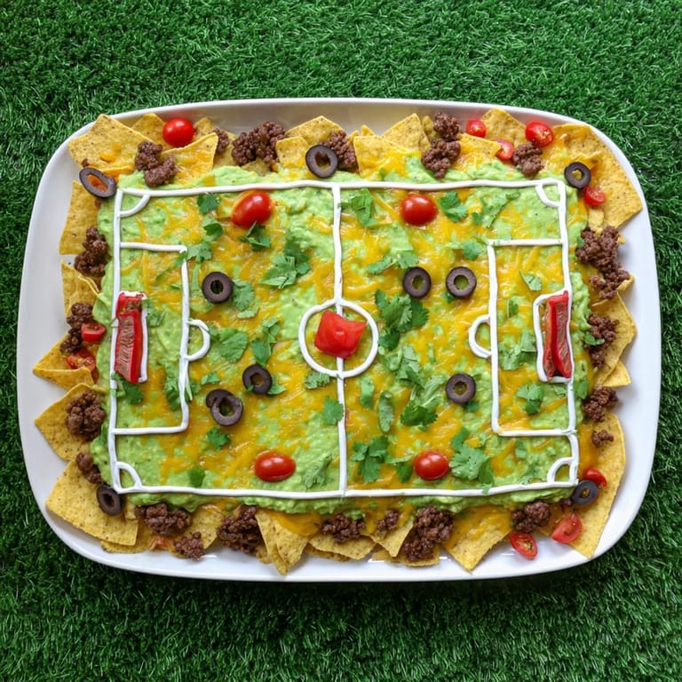 Delicious game day soccer field nachos, a cheesy Tex-Mex appetizer ready for sharing with friends.