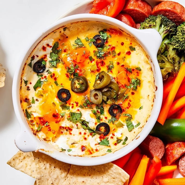 Delicious American appetizer, a Lava Flow Volcano dip, surrounded by dippers and smoky sausage.