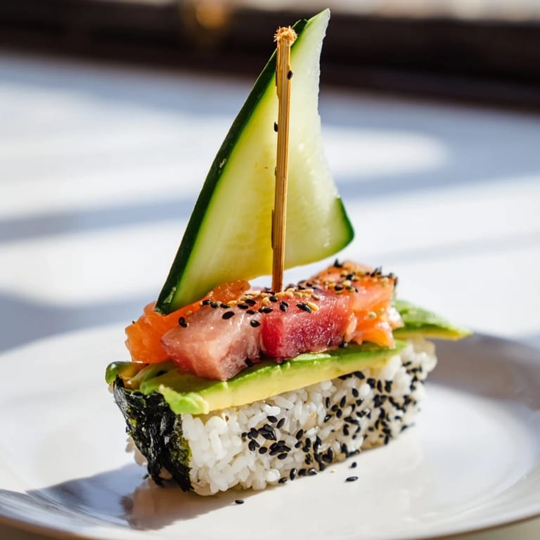 Delectable sushi sailboats at sea, featuring vibrant salmon and tuna, ready for a delightful Japanese meal.