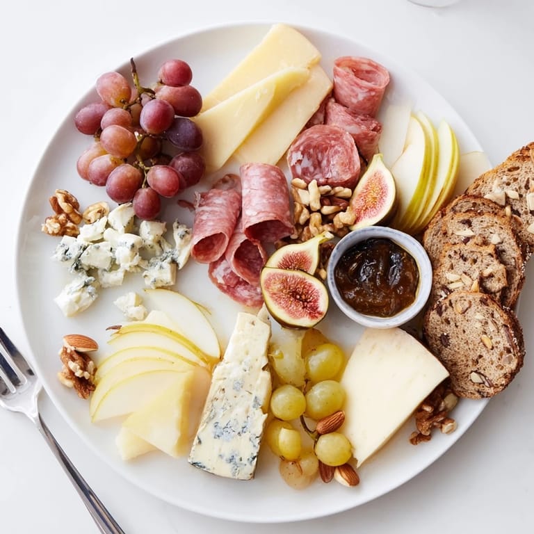 This appetizing Wine & Food Pairing Platter offers an array of cheeses and fruits with perfect wine matches.