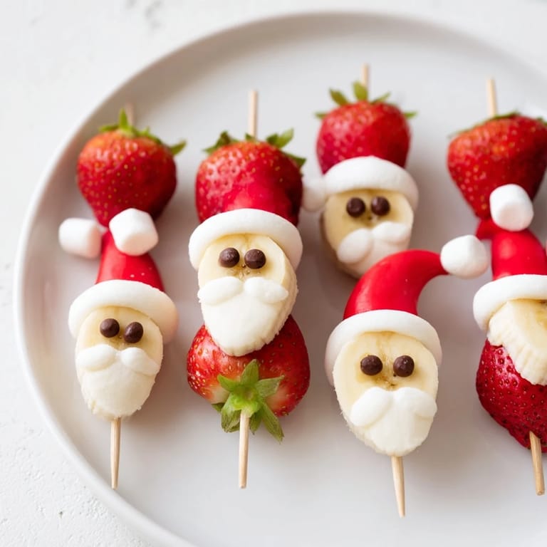 Bright red strawberry hats top tasty Banana Strawberry Santa Skewers, ready for any holiday party.