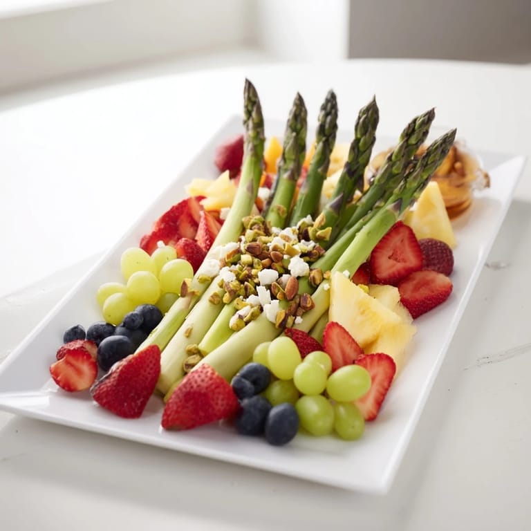 Feast your eyes: This Asparagus Stem Floral Fruit Board presents a delightful array of fresh, colorful fruits.