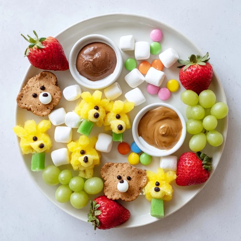 A delicious Animal Cracker Safari Board featuring a colorful array of fruit, perfect for fun snacking!