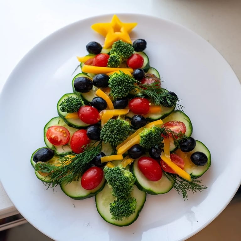 Beautiful Festive Tree Cucumber Tomato Platter, featuring vividly arranged vegetables for a holiday appetizer.