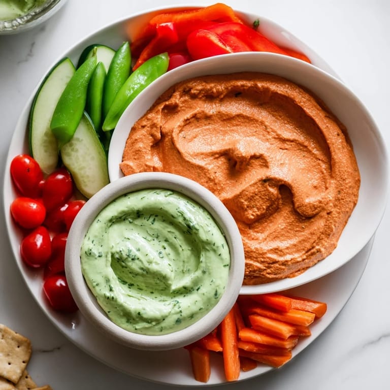 A close-up shot of the Festive Dip Duo Board reveals the textures of creamy dips and fresh, colorful vegetables for dipping.