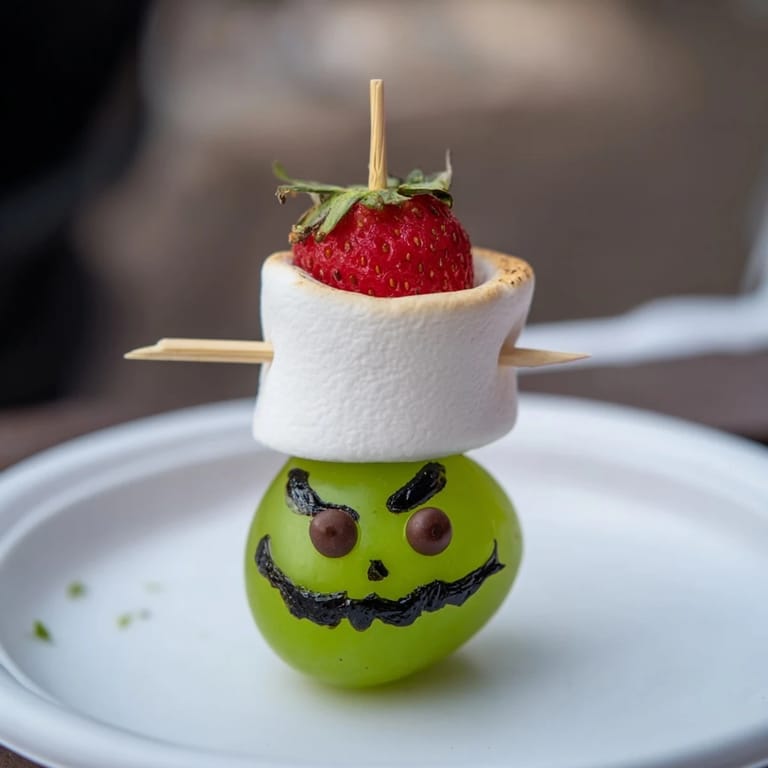 Kid-friendly Grinch Snack: a delightful assembly of green grapes and frosted grinning faces.