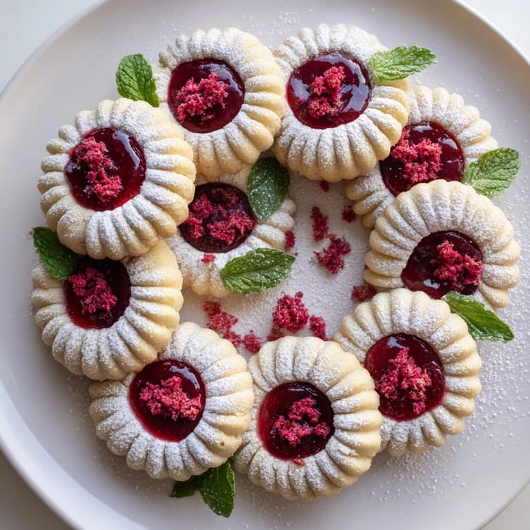 Freshly baked Raspberry Wreath cookies, their jam filling visible, ready for gifting this season.
