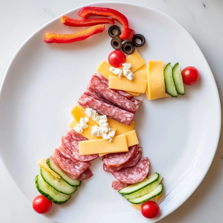 A beautifully arranged Gingerbread Man charcuterie: a festive appetizer featuring prosciutto, salami, and olives.
