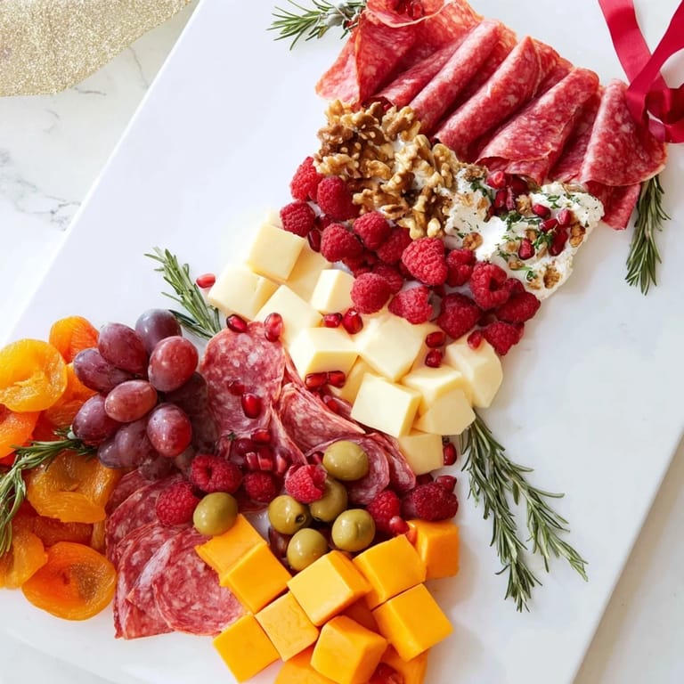 Delicious festive Stocking Charcuterie Board, arranged for a Christmas party, full of savory meats and tasty cheeses.