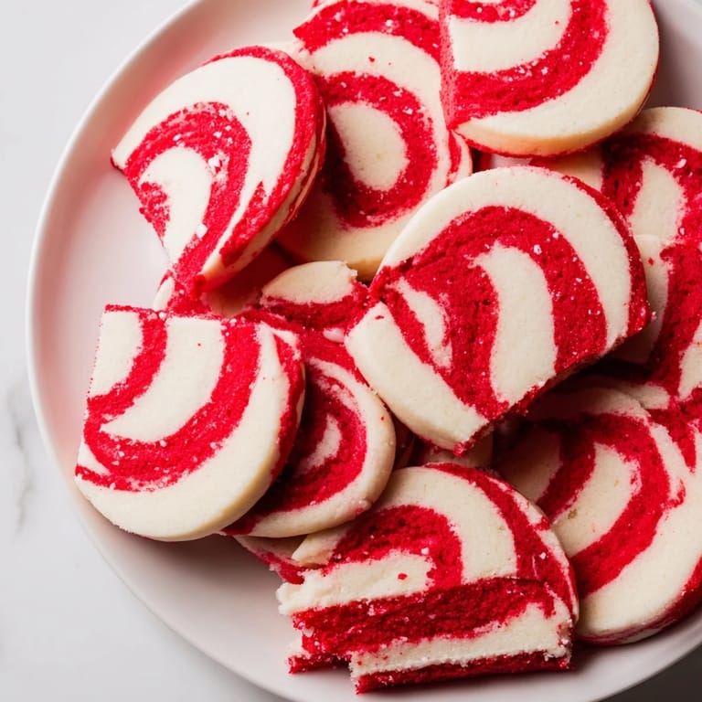 Close-up of baked Candy Cane Swirl Cookies with peppermint candy sprinkles, perfect for Christmas.