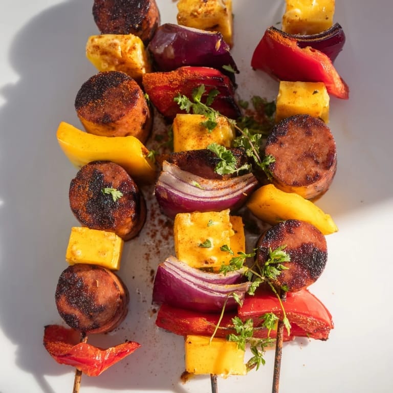 Skewered chimney stack sausage and cheese with vegetables, a flavorful American appetizer, ready to serve hot.