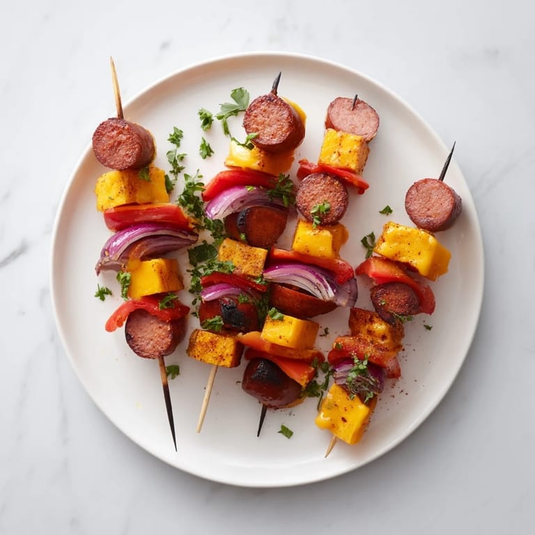 Grilled savory sausage and cheese skewers, sizzling on a grill, offering smoky and cheesy bites.