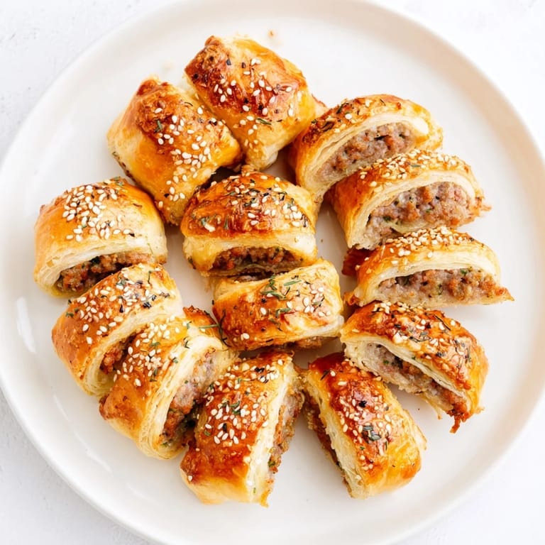 Close-up of baked Savory Bites: Mini Sausage Roll Half-Circle Wreath, showing a savory, festive arrangement.