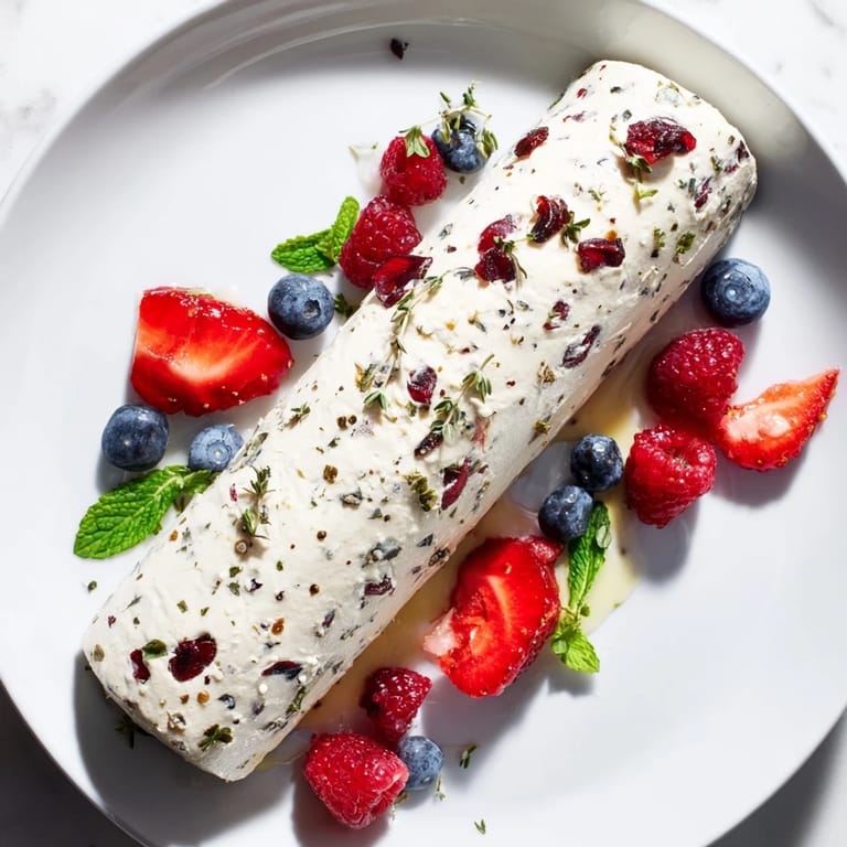 Creamy goat cheese log with cranberries and a colorful berry assortment, ideal for entertaining.