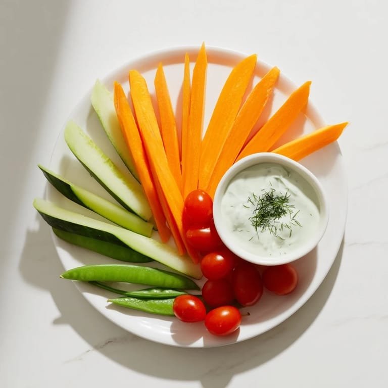 Enjoy a refreshing Veggie Platter: crunchy carrots and cucumbers with a flavorful yogurt dip.