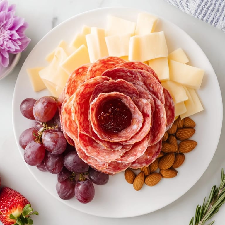 This Easy Charcuterie features a salami rose centerpiece alongside creamy brie, cheddar, and sweet grapes.