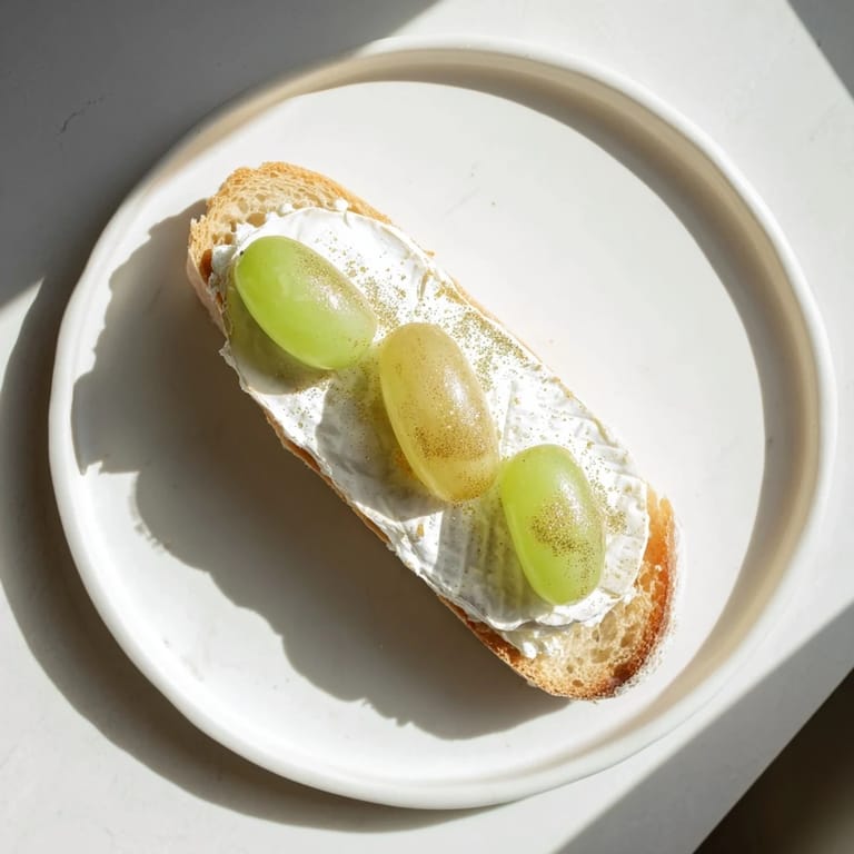 Close-up of a Sparkling Champagne Toast appetizer: toasted bread, cheese, grapes, and edible gold, ready to serve.