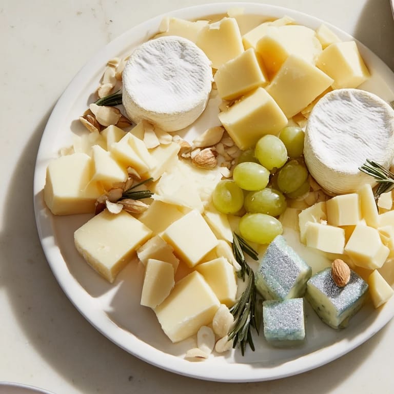 Imagine this: a Winter Wonderland Platter filled with creamy cheeses, fresh grapes, and delicate silver accents.