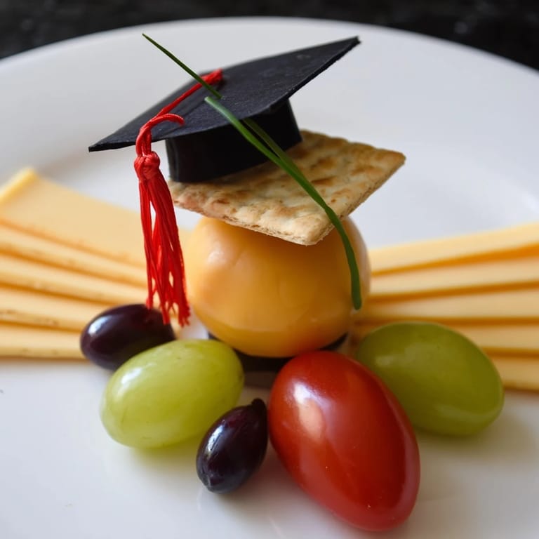 This vibrant Graduation Cap Platter appetizer shows fresh chives and red pepper on a cheese wheel.