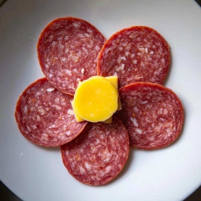 A visually appealing, charcuterie-style Tudor Rose appetizer: five salami petals surround yellow cheese.