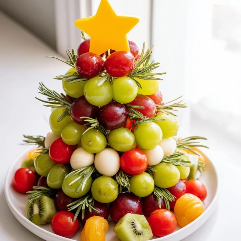 A beautiful Christmas Tree Triangle Board appetizer, showcasing red and green fruits, perfect for festive gatherings.