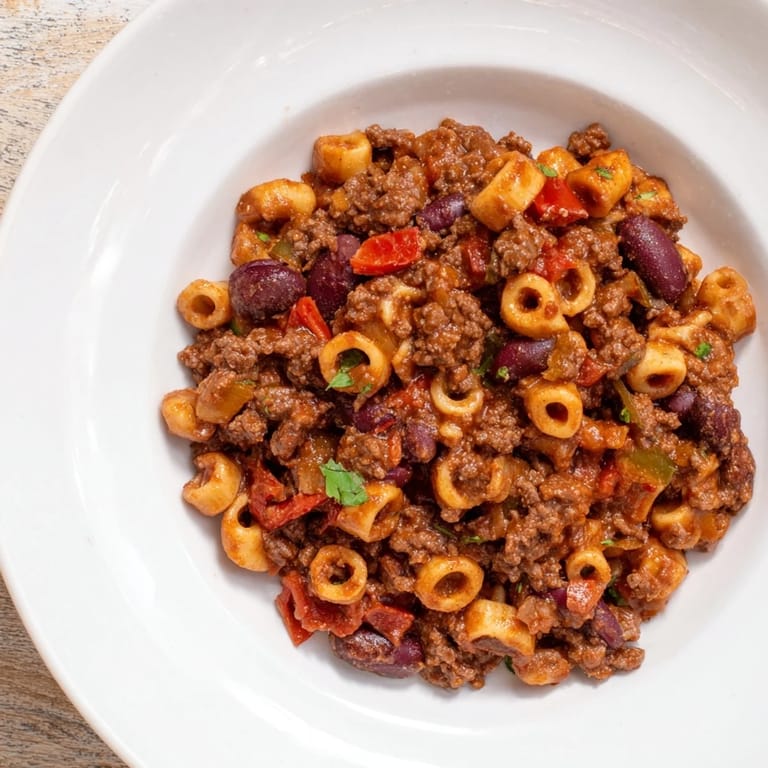 Rustic one-pot ditalini with hot cocoa chili, showcasing the deep red color and savory aroma.
