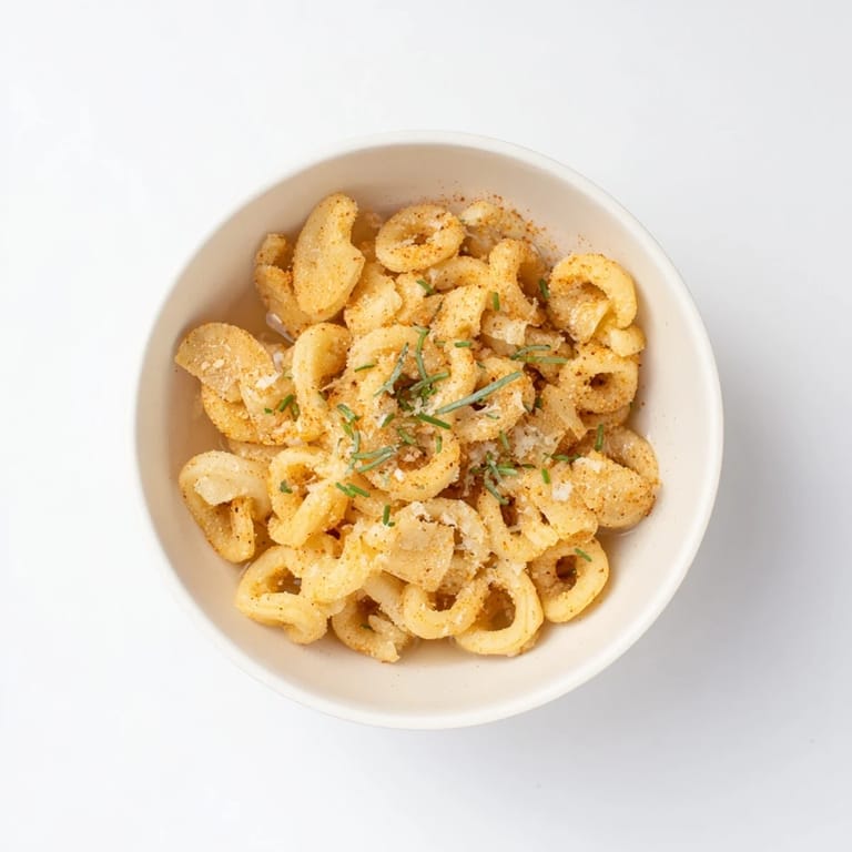 Close-up of a delightful serving of pasta chip cereal with warm broth and parmesan garnish.