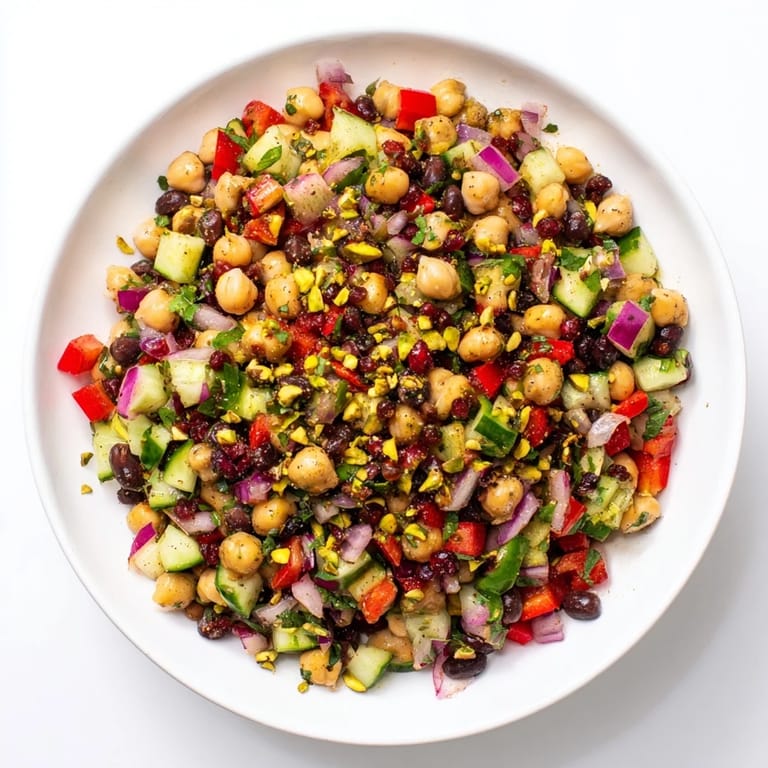 This refreshing Dense Bean Salad with Dubai Chocolate Notes features a delightful medley of textures and flavors.