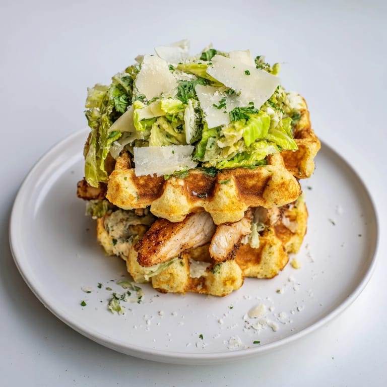 View a close-up of the Chicken Caesar Waffle Sandwich, showcasing juicy chicken and fresh romaine.