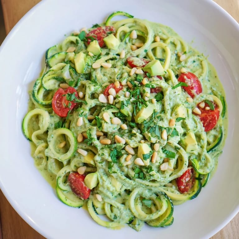 Fresh Green Goddess Zoodle Pasta: Zucchini noodles tossed with a luscious, bright green sauce.