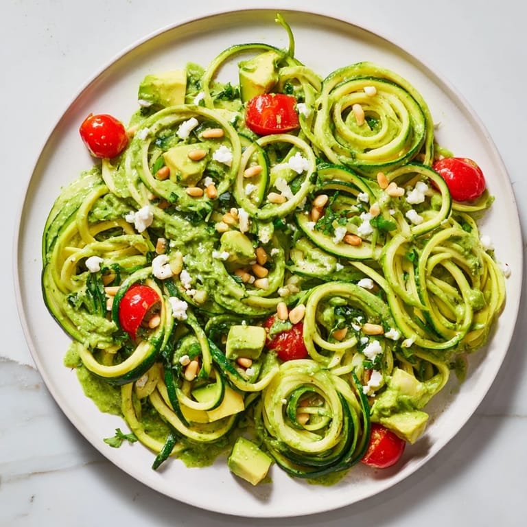 Close-up of Green Goddess Zoodle Pasta: loaded with herbs, tomatoes, and avocado, ready to eat.