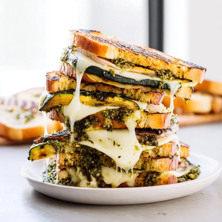 Savory Pesto Turkey Zucchini Grilled Cheese Stacks with roasted zucchini, perfect for a hearty meal.