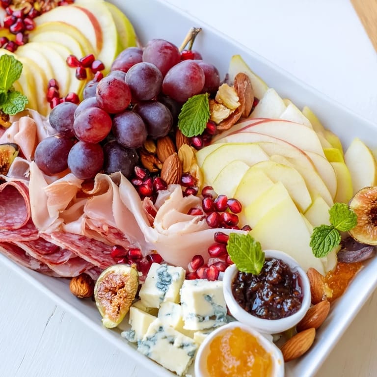 Vibrant Pomegranate Jewel Cascade charcuterie board with cheese, meats, and jewel-like pomegranate arils ready to serve.