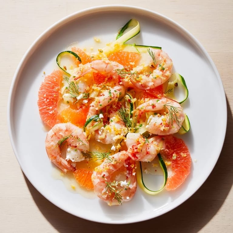 Showcasing The Coral Reef: a pescatarian delight with citrus, shrimp, and bubbly cheese, ready to eat.