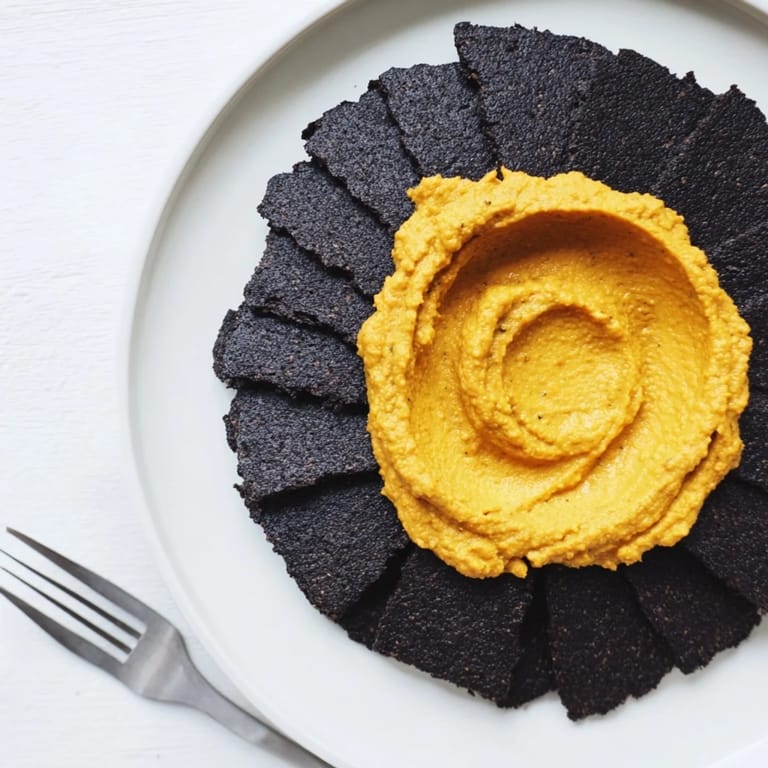 Prepare to serve "The Midnight Sun": a beautiful appetizer with contrasting colors and textures, ready to enjoy.