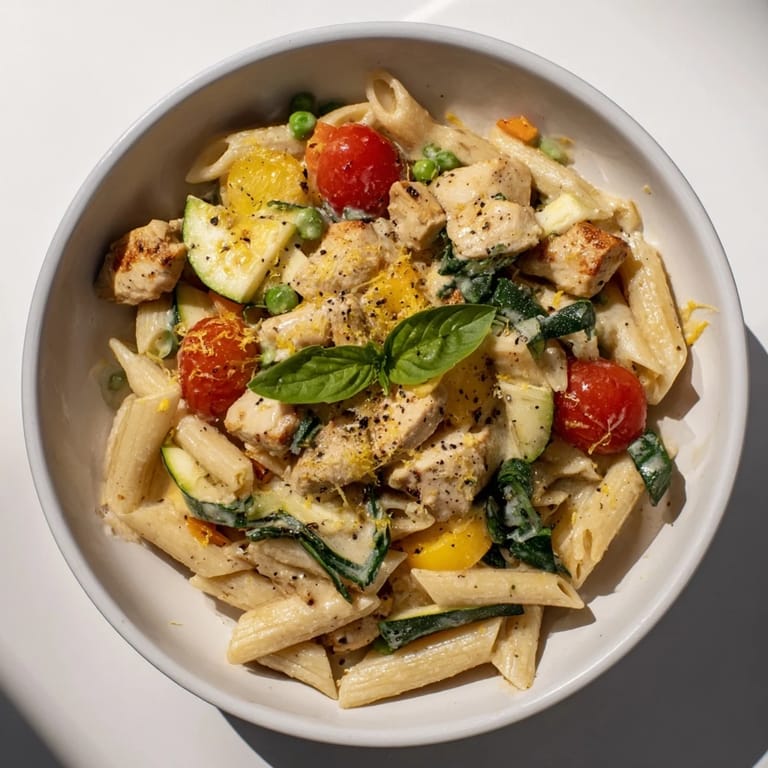 Golden chicken pieces mingle with vibrant vegetables in this delicious Last Bite Chicken Pasta.