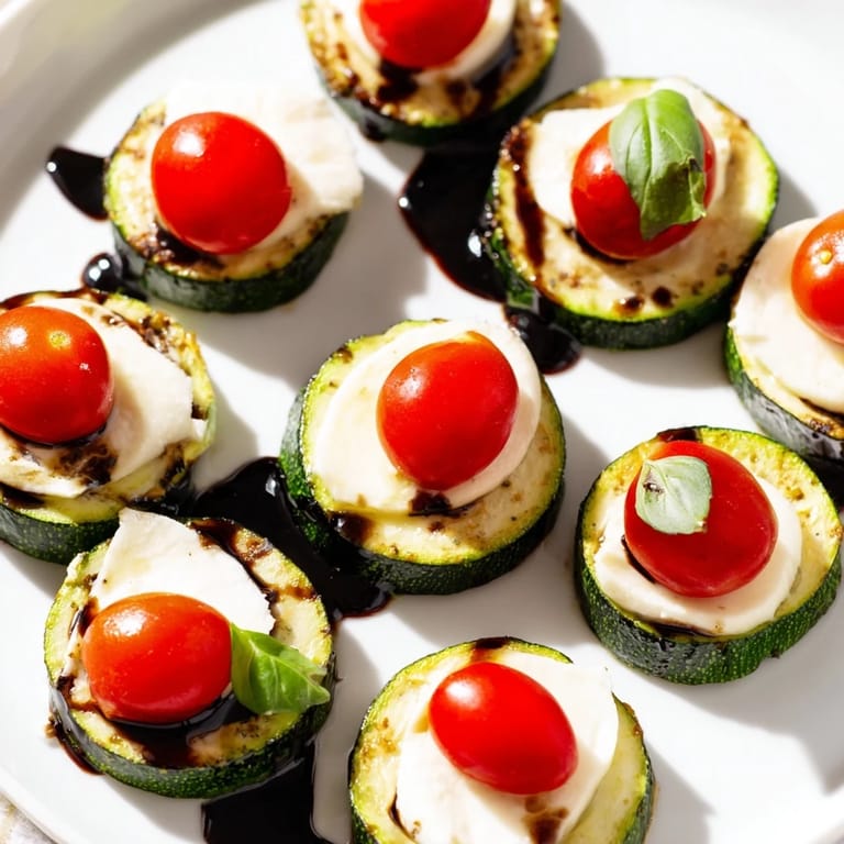 Enjoy savory Zucchini Caprese Bites: a beautiful plate featuring fresh ingredients like mozzarella and basil.