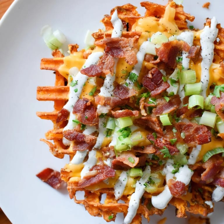 Savory Loaded Sweet Potato Fries: A generous platter of cheesy, bacon-covered waffle fries smells divine and tastes amazing.