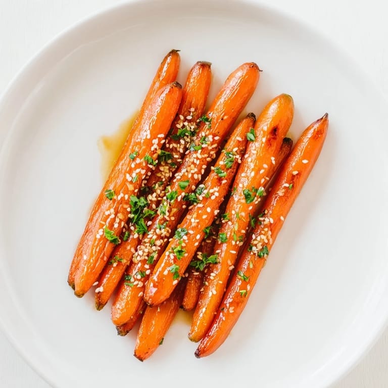 Vibrant Honey Soy Roasted Carrots glistening with a honey-soy glaze, roasted to tender perfection, ready to serve.